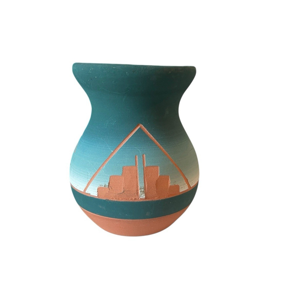 Native American Sioux Lakota Pottery Vase Teal Terracotta Hand Painted Matte